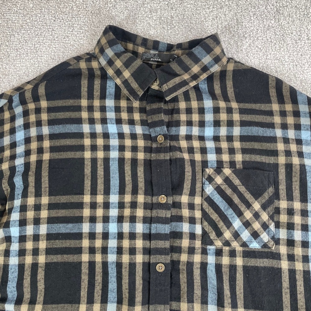 Prana Flannel Shirt Womens Small Button Up Plaid Roll Tab Sleeve Black Blue